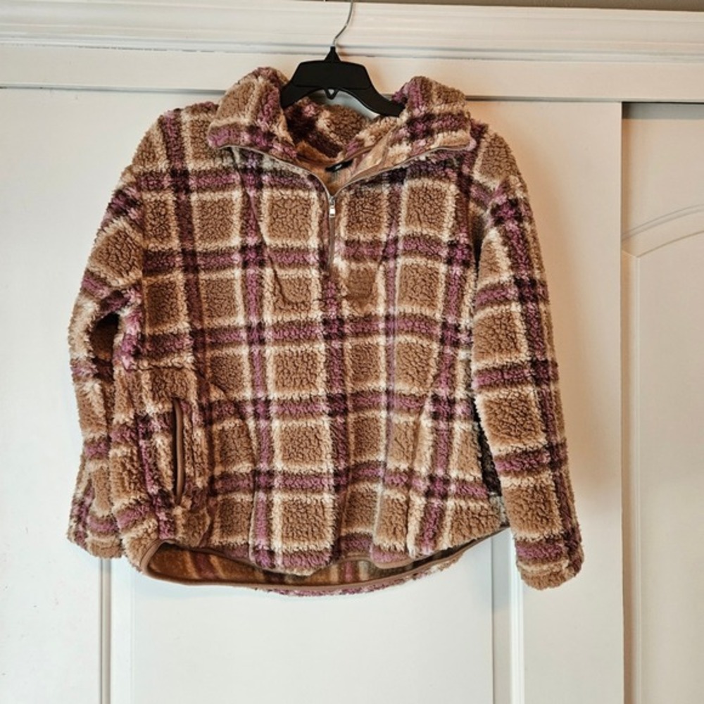 cg cg Womens Plus 1X Plaid Sherpa Pullover‎ Quarter Zip Cozy Jacket Warm Fuzzy